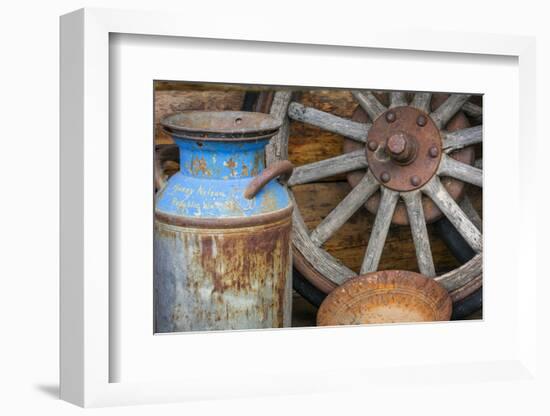 USA, Alaska. Antique milk can, wagon wheel and gold pan.-Jaynes Gallery-Framed Photographic Print