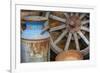 USA, Alaska. Antique milk can, wagon wheel and gold pan.-Jaynes Gallery-Framed Photographic Print