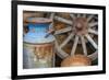 USA, Alaska. Antique milk can, wagon wheel and gold pan.-Jaynes Gallery-Framed Photographic Print