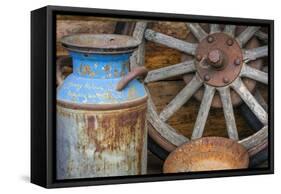 USA, Alaska. Antique milk can, wagon wheel and gold pan.-Jaynes Gallery-Framed Stretched Canvas