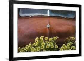 USA, Alaska, Chena Hot Springs. Old truck and flowers.-Jaynes Gallery-Framed Photographic Print