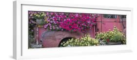USA, Alaska, Chena Hot Springs. Panorama of old truck and flowers.-Jaynes Gallery-Framed Photographic Print