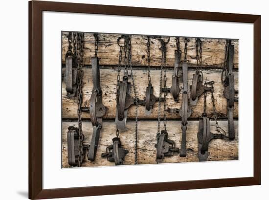 USA, Alaska. Collection of old traps hang on log cabin wall.-Jaynes Gallery-Framed Premium Photographic Print