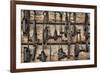 USA, Alaska. Collection of old traps hang on log cabin wall.-Jaynes Gallery-Framed Premium Photographic Print