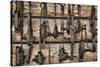 USA, Alaska. Collection of old traps hang on log cabin wall.-Jaynes Gallery-Stretched Canvas