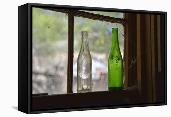 USA, Arizona, Jerome, Gold King Mine. Old Bottles in a Window-Kevin Oke-Framed Stretched Canvas