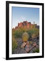 USA, Arizona, Lost Dutchman State Park. Barrel Cactus and Superstition Mountains-Kevin Oke-Framed Premium Photographic Print