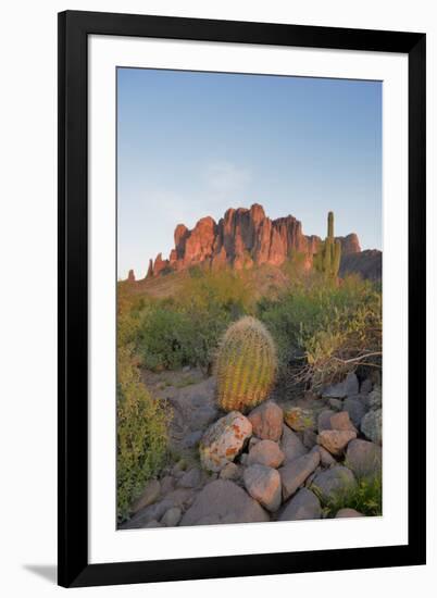 USA, Arizona, Lost Dutchman State Park. Barrel Cactus and Superstition Mountains-Kevin Oke-Framed Premium Photographic Print