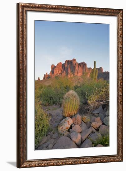 USA, Arizona, Lost Dutchman State Park. Barrel Cactus and Superstition Mountains-Kevin Oke-Framed Premium Photographic Print