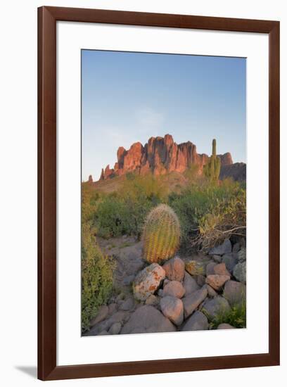 USA, Arizona, Lost Dutchman State Park. Barrel Cactus and Superstition Mountains-Kevin Oke-Framed Premium Photographic Print