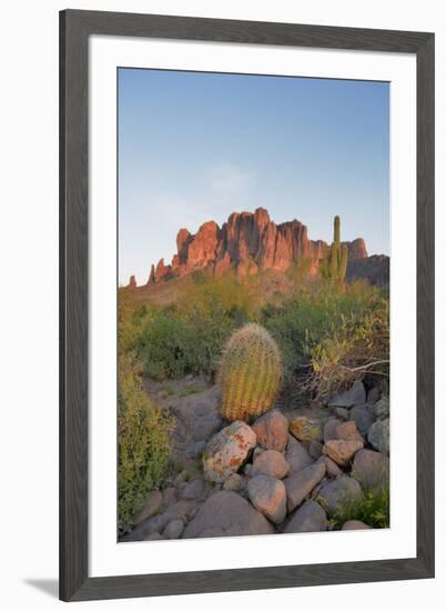USA, Arizona, Lost Dutchman State Park. Barrel Cactus and Superstition Mountains-Kevin Oke-Framed Premium Photographic Print
