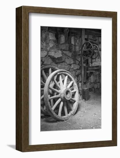 USA, California, Bishop. Black and white inside blacksmith shop-Jaynes Gallery-Framed Photographic Print