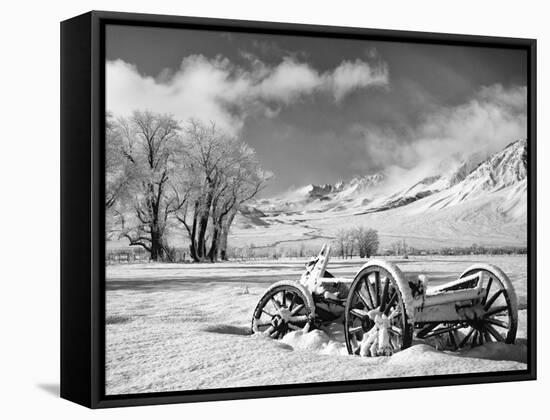 USA, California, Bishop. Snow-Covered Vintage Wagon in Owens Valley-Dennis Flaherty-Framed Stretched Canvas