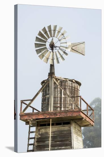 USA California. Cayucos, old wooden water tower with windmill for pumping-Alison Jones-Stretched Canvas