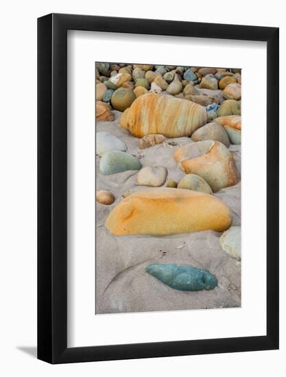 USA, California. Central Coast, Montecito, Butterfly Beach, drain and cobble eroded by King Tides-Alison Jones-Framed Photographic Print