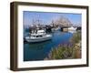 USA, California. Docked boats at Morro Bay with Morro Rock behind.-Anna Miller-Framed Premium Photographic Print