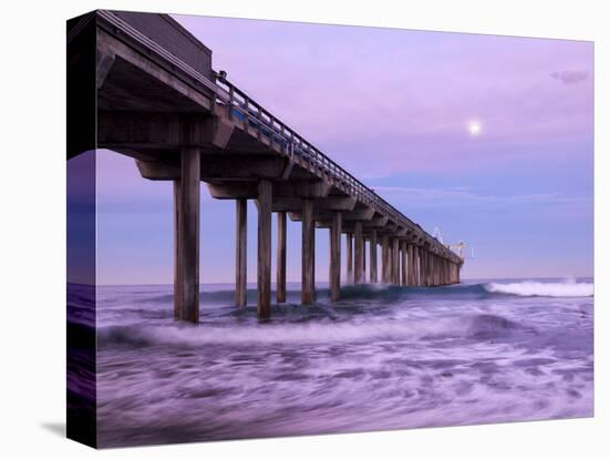 USA, California, La Jolla, Full Moon Setting at Dawn over Scripps Pier, La Jolla Shores-Ann Collins-Stretched Canvas