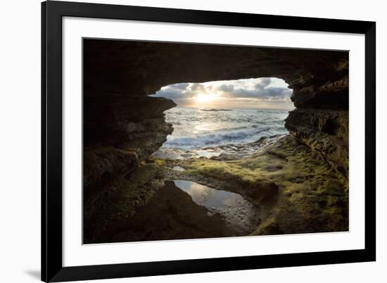 USA, California, La Jolla. Sunset though a sea cave.-Jaynes Gallery-Framed Premium Photographic Print