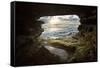 USA, California, La Jolla. Sunset though a sea cave.-Jaynes Gallery-Framed Stretched Canvas