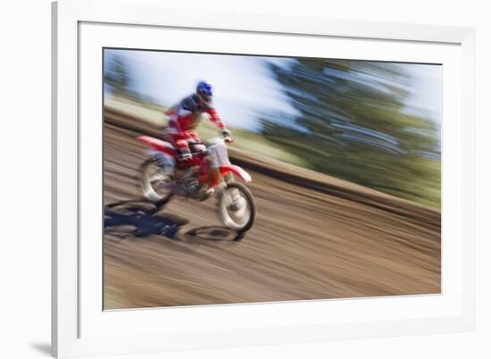 USA, California, Mammoth Lakes. Blur of motocross racer.-Jaynes Gallery-Framed Premium Photographic Print