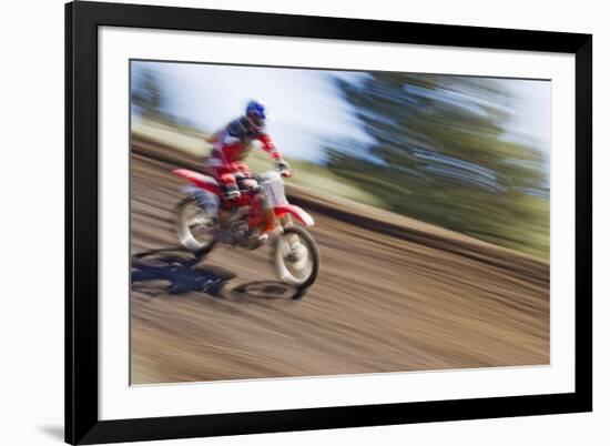 USA, California, Mammoth Lakes. Blur of motocross racer.-Jaynes Gallery-Framed Premium Photographic Print