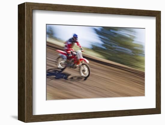 USA, California, Mammoth Lakes. Blur of motocross racer.-Jaynes Gallery-Framed Photographic Print