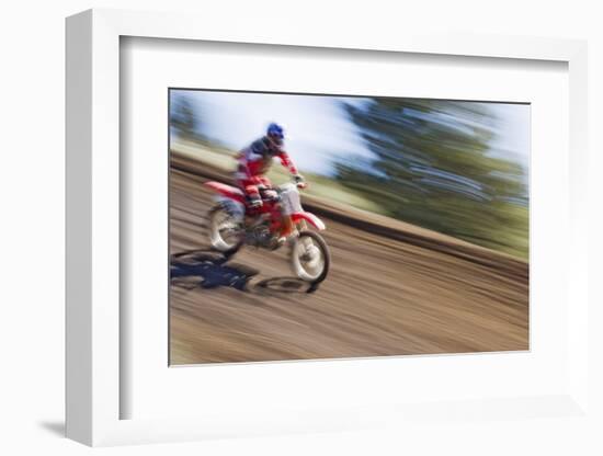 USA, California, Mammoth Lakes. Blur of motocross racer.-Jaynes Gallery-Framed Photographic Print