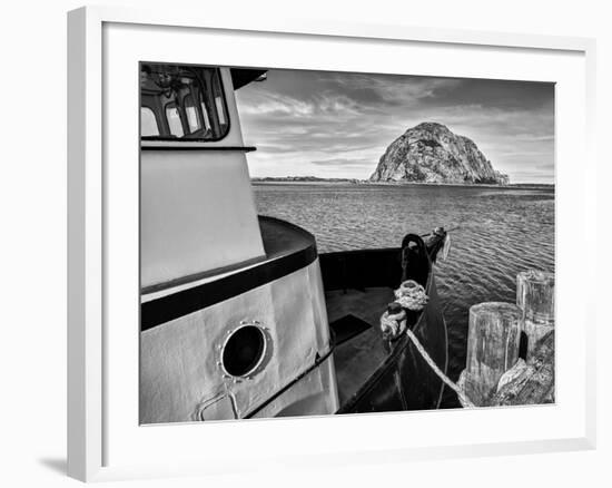 USA, California, Morro Bay, Fishing Boat Pointing at Morro Rock-Ann Collins-Framed Photographic Print