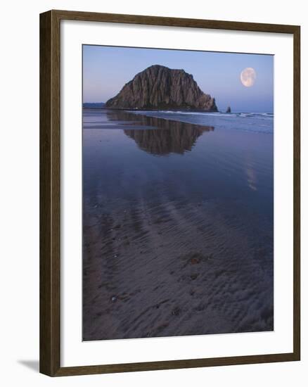 USA, California. Morro Rock reflecting in wet sand at moonrise.-Anna Miller-Framed Photographic Print