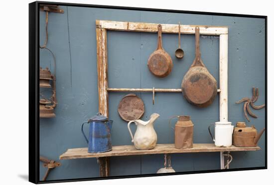 USA, California. Old pots, pans and water pitchers. (PR)-Alison Jones-Framed Stretched Canvas