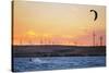 Usa, California, Rio Vista. Kiteboarder at sunset with wind farm turbines.-Merrill Images-Stretched Canvas