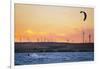 Usa, California, Rio Vista. Kiteboarder at sunset with wind farm turbines.-Merrill Images-Framed Photographic Print