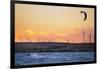 Usa, California, Rio Vista. Kiteboarder at sunset with wind farm turbines.-Merrill Images-Framed Photographic Print