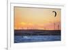 Usa, California, Rio Vista. Kiteboarder at sunset with wind farm turbines.-Merrill Images-Framed Photographic Print