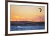 Usa, California, Rio Vista. Kiteboarder at sunset with wind farm turbines.-Merrill Images-Framed Photographic Print