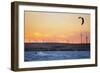 Usa, California, Rio Vista. Kiteboarder at sunset with wind farm turbines.-Merrill Images-Framed Photographic Print