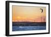 Usa, California, Rio Vista. Kiteboarder at sunset with wind farm turbines.-Merrill Images-Framed Photographic Print