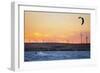 Usa, California, Rio Vista. Kiteboarder at sunset with wind farm turbines.-Merrill Images-Framed Photographic Print