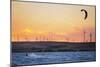 Usa, California, Rio Vista. Kiteboarder at sunset with wind farm turbines.-Merrill Images-Mounted Photographic Print