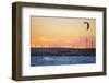 Usa, California, Rio Vista. Kiteboarder at sunset with wind farm turbines.-Merrill Images-Framed Photographic Print