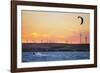 Usa, California, Rio Vista. Kiteboarder at sunset with wind farm turbines.-Merrill Images-Framed Photographic Print