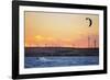 Usa, California, Rio Vista. Kiteboarder at sunset with wind farm turbines.-Merrill Images-Framed Photographic Print