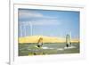 Usa, California, Rio Vista, Sacramento River Delta. Sailboarders with wind turbines.-Merrill Images-Framed Photographic Print
