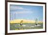 Usa, California, Rio Vista, Sacramento River Delta. Sailboarders with wind turbines.-Merrill Images-Framed Photographic Print