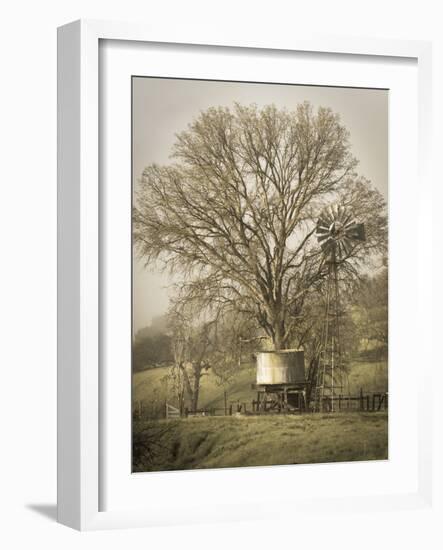 USA, California, Shell Creek Road. Windmill, water tank and oak tree.-Jaynes Gallery-Framed Photographic Print