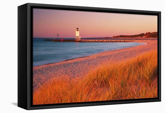 USA Charlevoix Lighthouse and Beach at Sunset-null-Framed Stretched Canvas