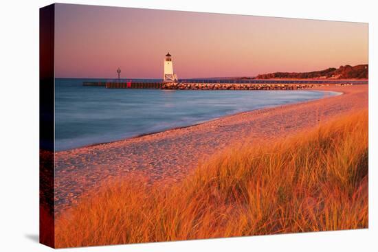 USA Charlevoix Lighthouse and Beach at Sunset-null-Stretched Canvas