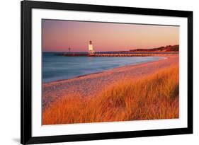 USA Charlevoix Lighthouse and Beach at Sunset-null-Framed Photographic Print