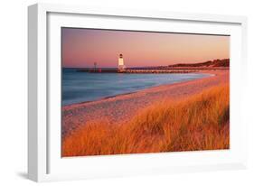 USA Charlevoix Lighthouse and Beach at Sunset-null-Framed Photographic Print