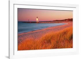 USA Charlevoix Lighthouse and Beach at Sunset-null-Framed Photographic Print